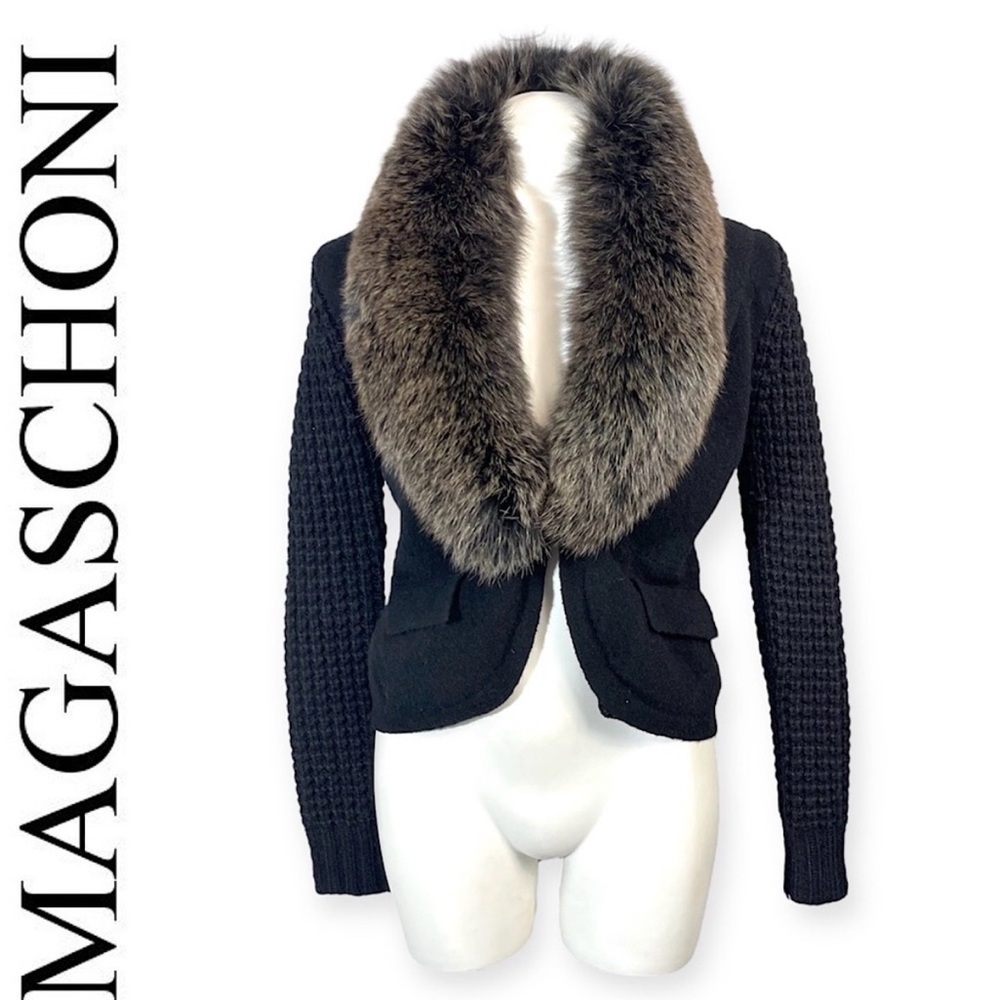 Magaschoni Genuine Fox Fur Collar Wool Alpaca Cashmere Blazer Cardigan Jacket XS
